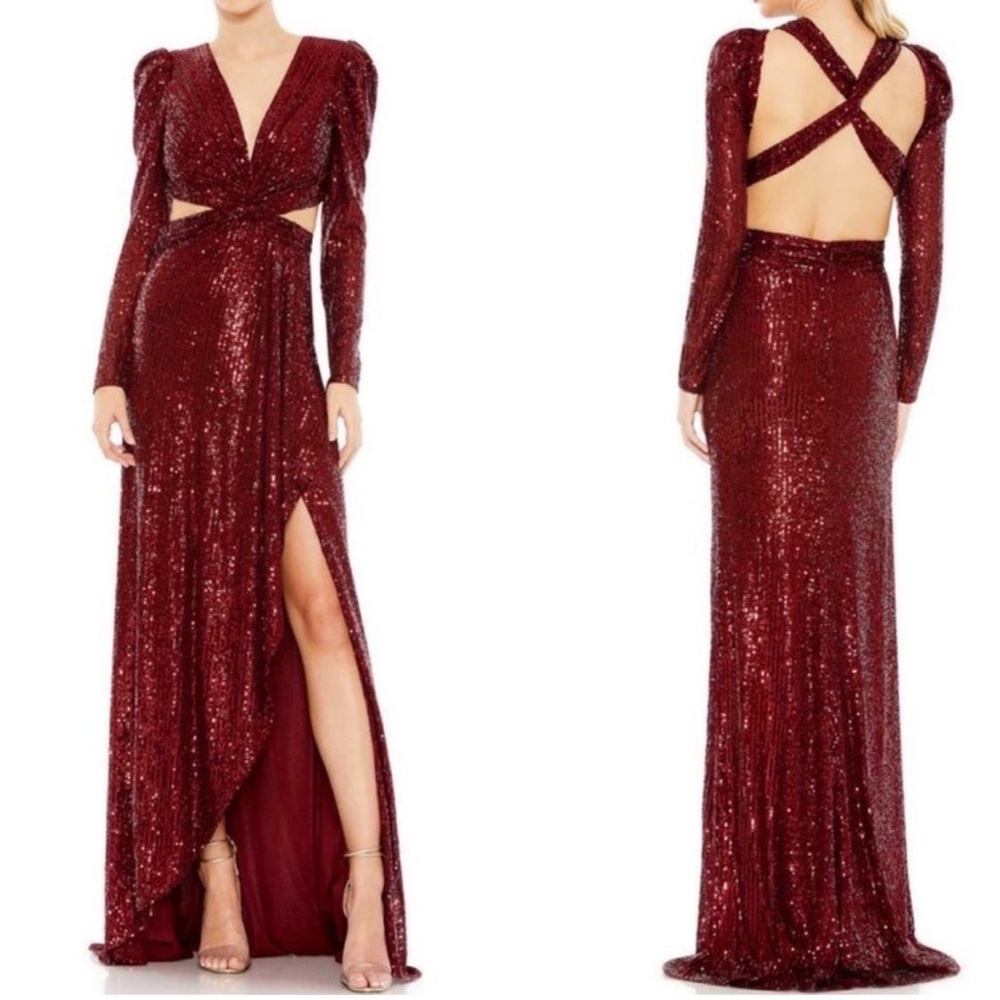 Mac Duggal Red Wine Sequined Criss Cross Back Cutout Long Sleeve Gown - Reemoly